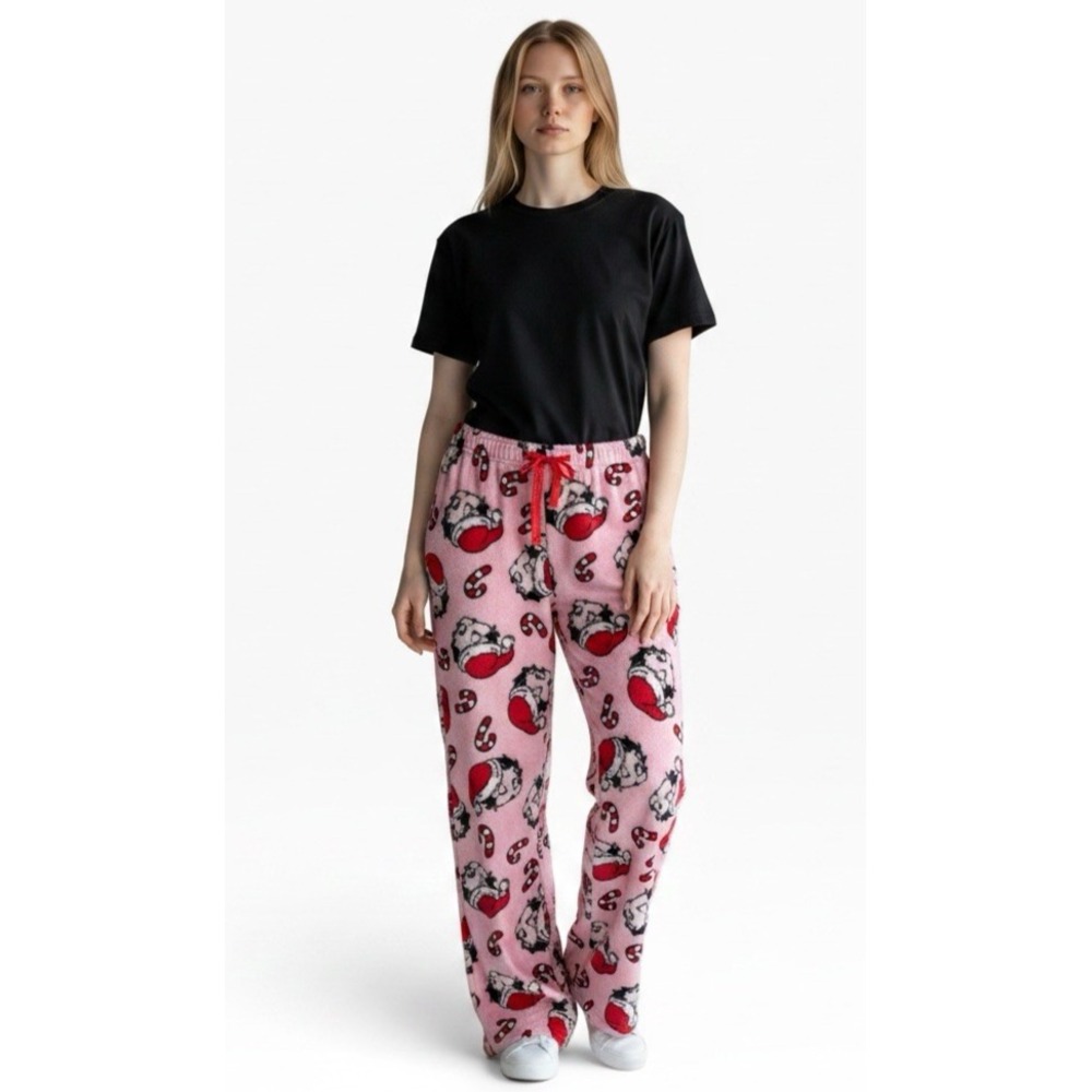 Fleischer Studios Women's Plus 1X Betty Boop PJ Pants Fleece Candy Cane NEW Pink